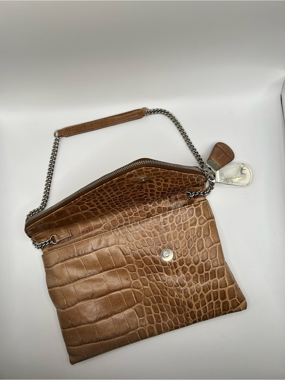 henri bendel Brown Croc-Embossed Clutch with Silver Chain - Picture 4 of 13